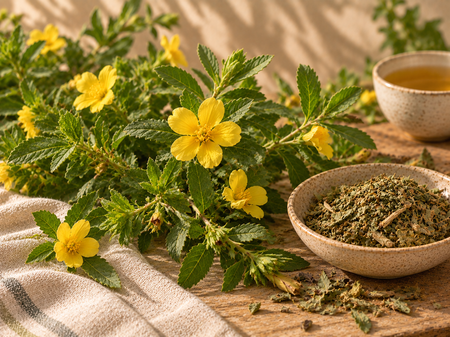 Damiana con flores amarillas, hojas verdes, planta seca e infusión en un entorno herbal natural