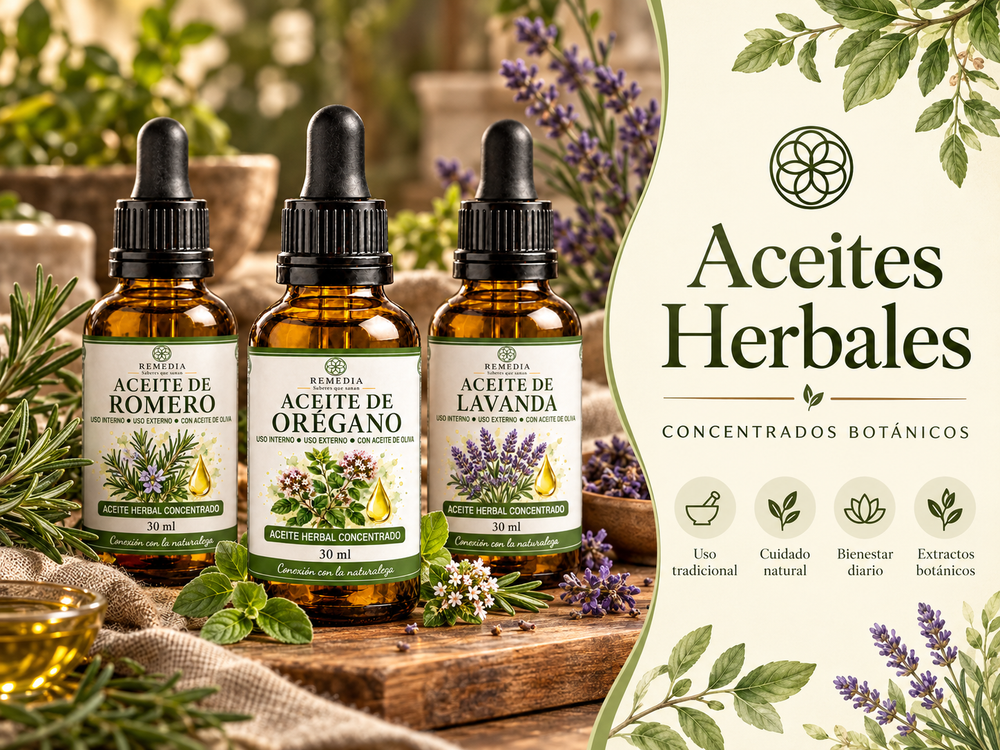 Colección de aceites herbales REMEDIA de orégano, romero y lavanda en una escena botánica con plantas frescas y frascos goteros.