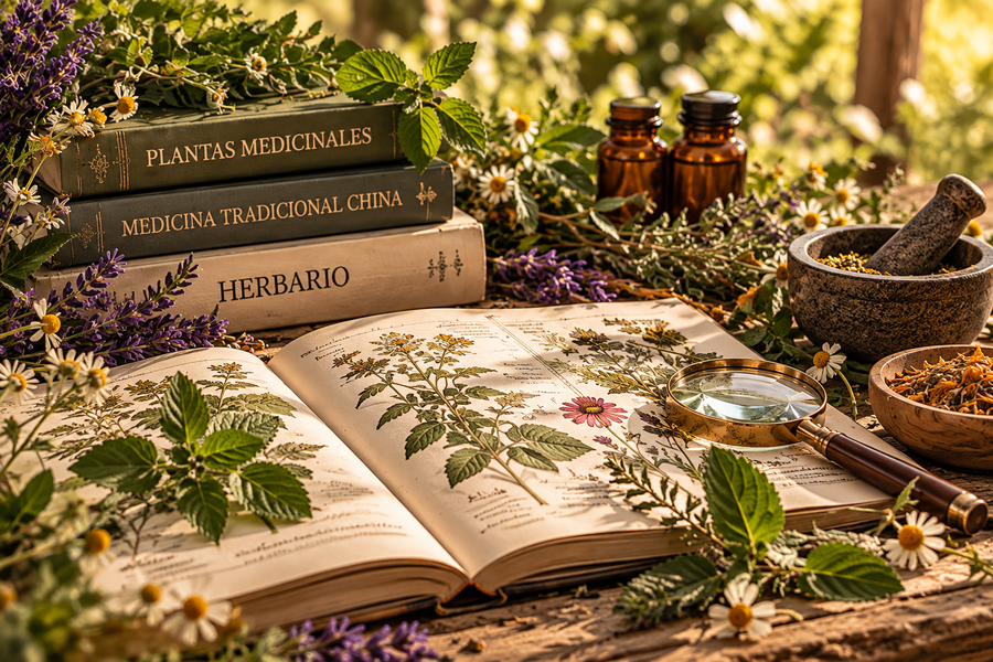 Libros de plantas medicinales, herbario, lupa y material botánico en una mesa de estudio de herbolaria.