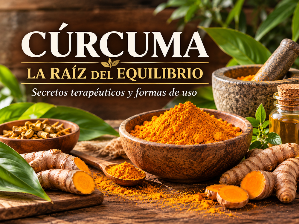 Cúrcuma en polvo y raíces frescas en composición herbal con mortero y plantas.