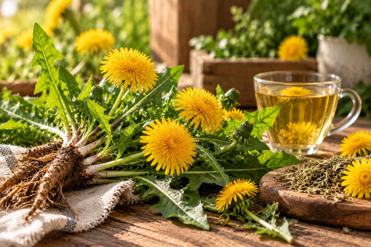 Diente de león con flores amarillas, hojas, raíces e infusión en un entorno herbal natural