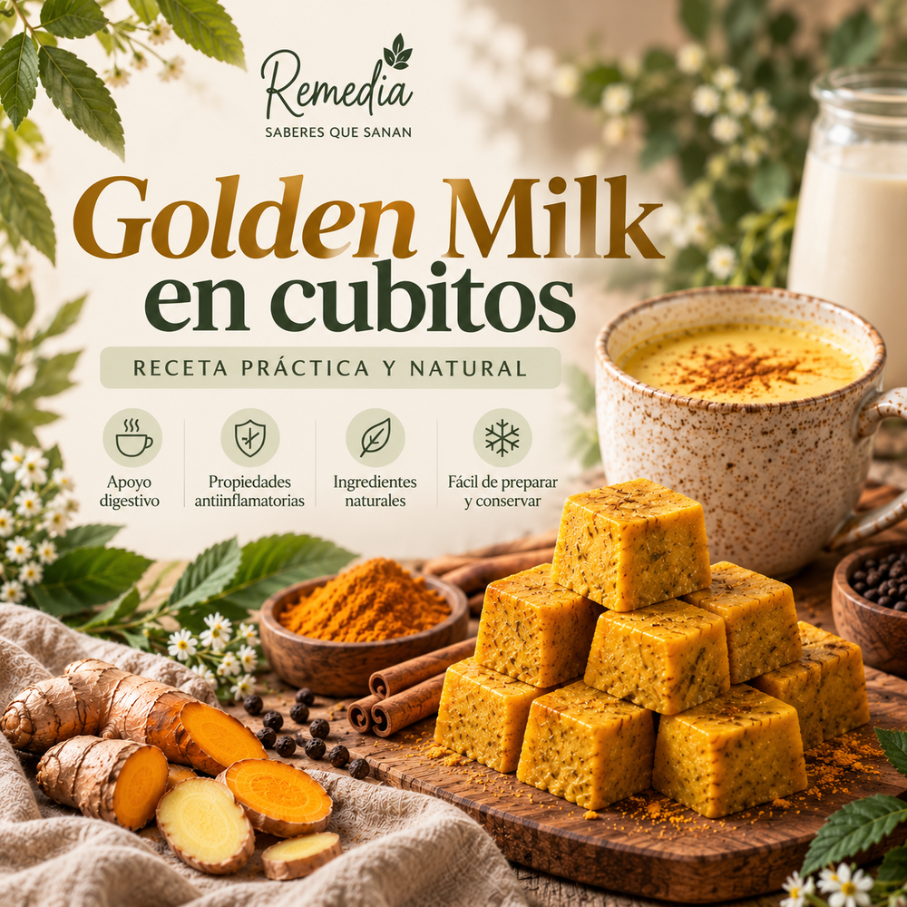 Golden Milk en cubitos con cúrcuma, jengibre, canela y una taza de bebida dorada.