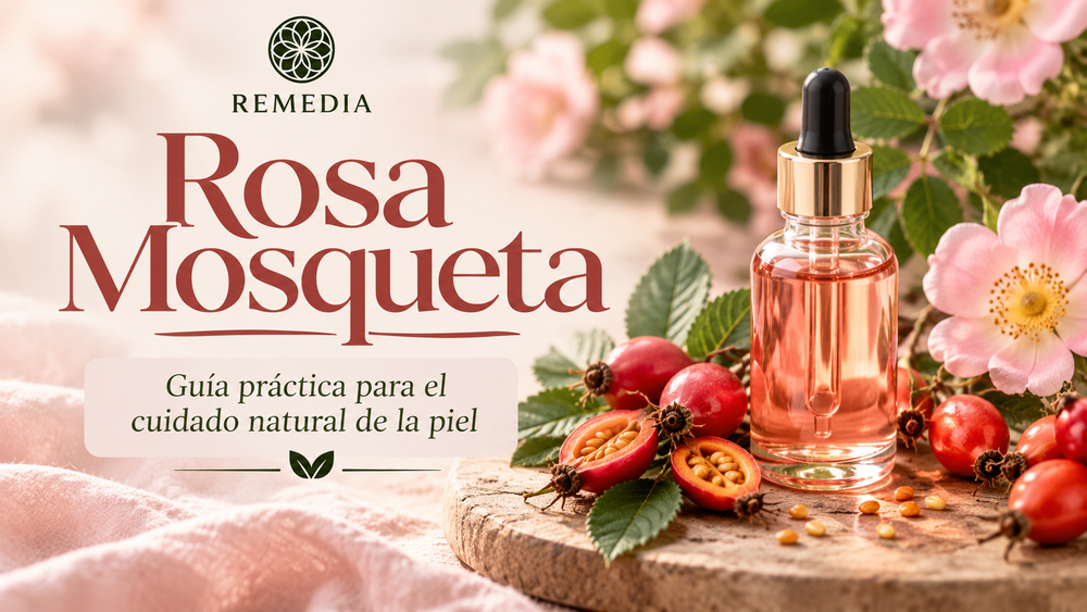 Rosa mosqueta y aceite vegetal para el cuidado natural de la piel.