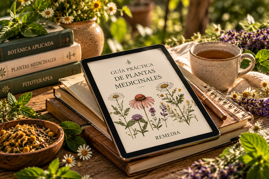 Guía digital de plantas medicinales REMEDIA en una mesa de estudio con libros, cuaderno, plantas e infusión.