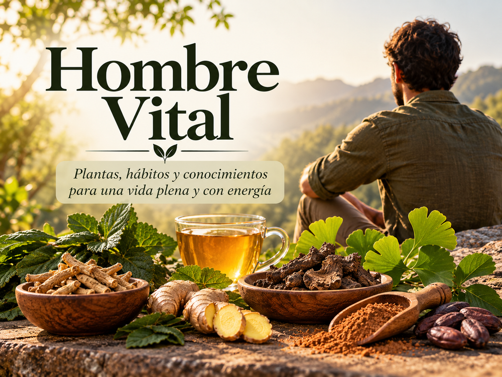 Hombre en un entorno natural junto a plantas e infusión en imagen de Hombre Vital.