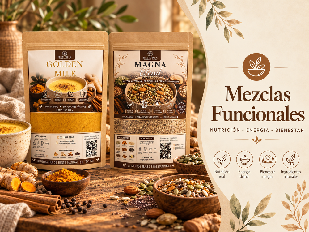 Golden Milk y Magna Blend REMEDIA presentados en una escena cálida con ingredientes naturales, semillas, cúrcuma, jengibre y especias.