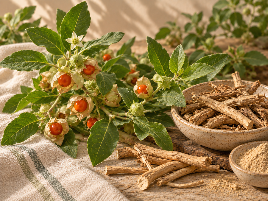 Ashwagandha con hojas, frutos rojos y raíces secas en un entorno herbal natural