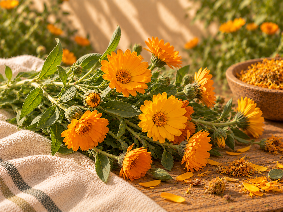 Flores frescas de caléndula con pétalos secos en composición botánica. 