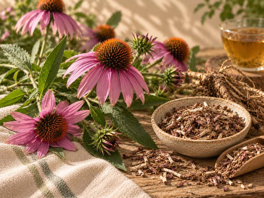 Equinácea púrpura con flores rosadas, hojas, raíces y preparación herbal en un entorno natural