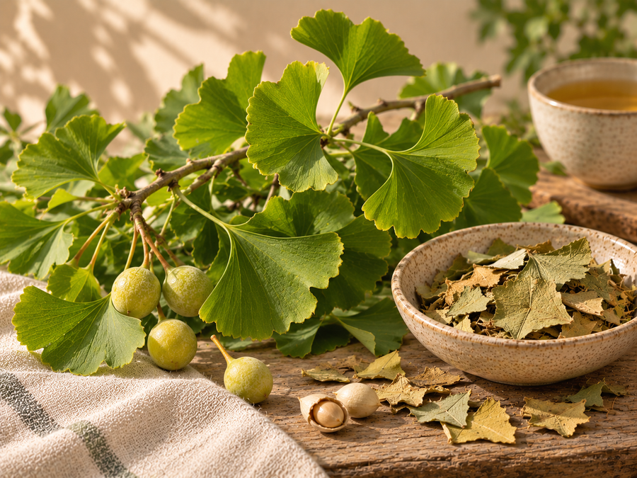 Ginkgo biloba con hojas verdes en forma de abanico, frutos, semillas, hojas secas e infusión en un entorno herbal natural