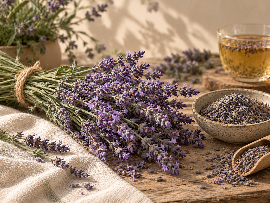 Lavanda con flores violetas frescas y secas e infusión en un entorno herbal natural