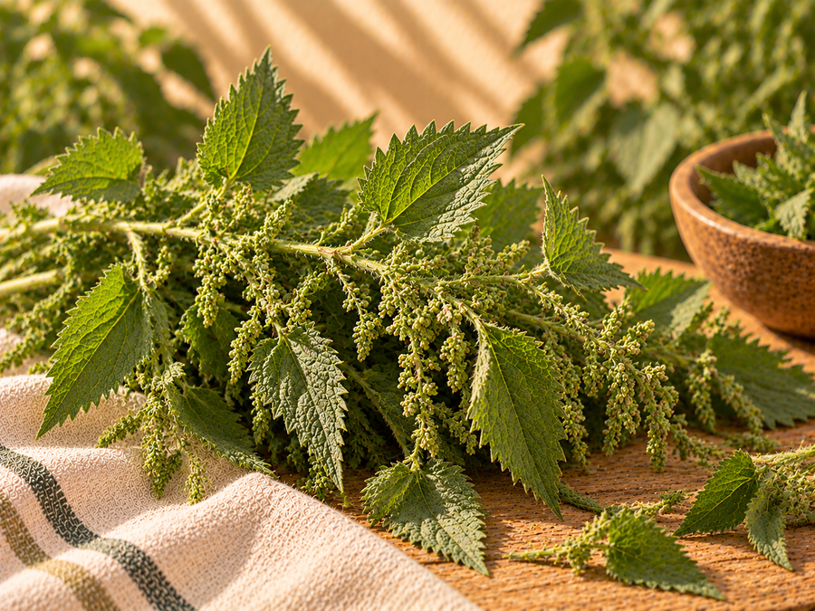 Ramas frescas de ortiga con hojas y flores verdes en composición botánica. 