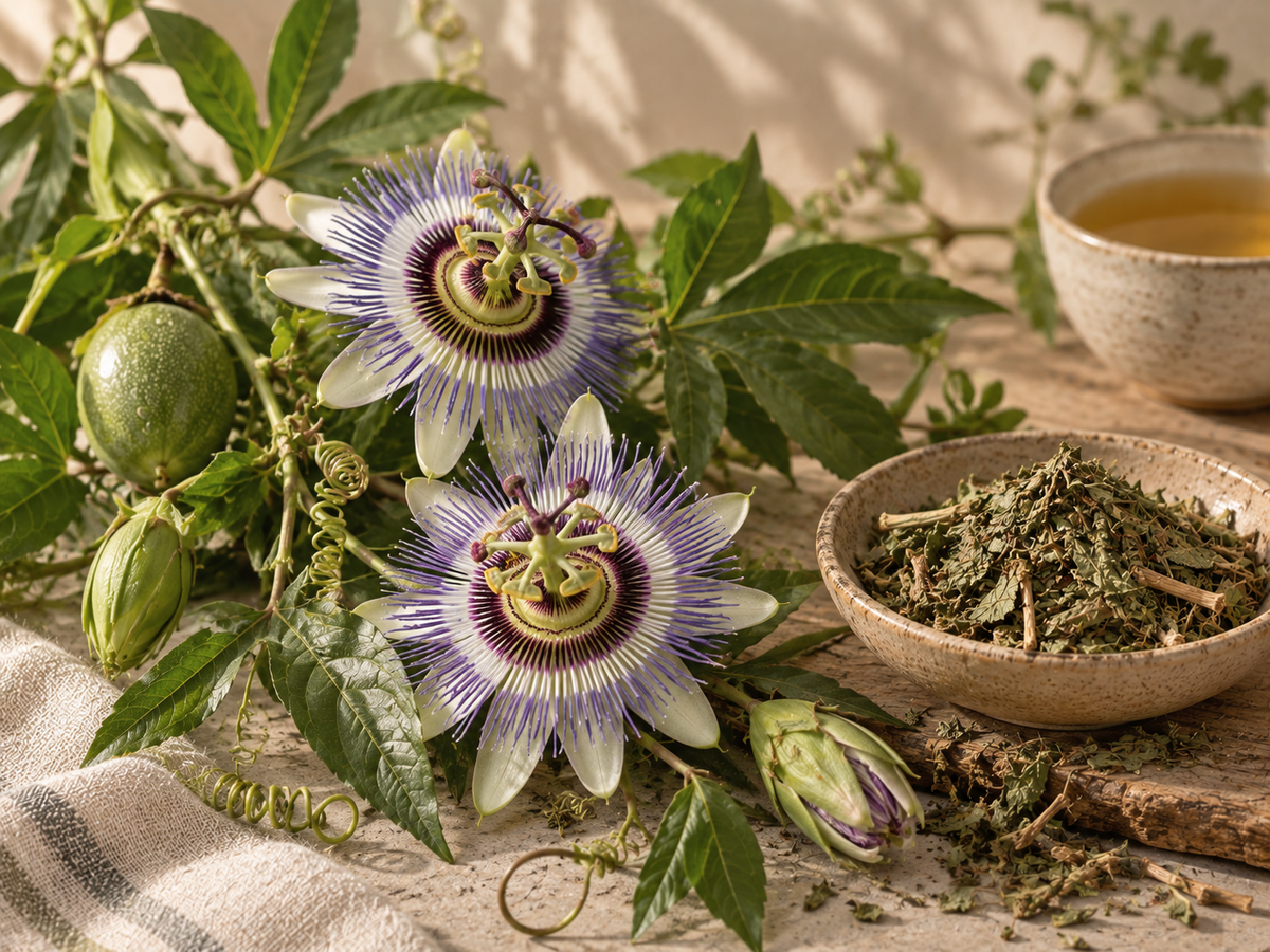 Pasiflora con flores blancas y violetas, hojas, frutos, planta seca e infusión en un entorno herbal natural