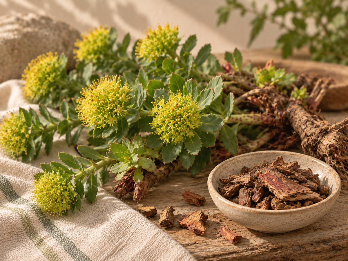 Rhodiola con flores amarillas, hojas, rizomas y raíz seca en un entorno herbal natural