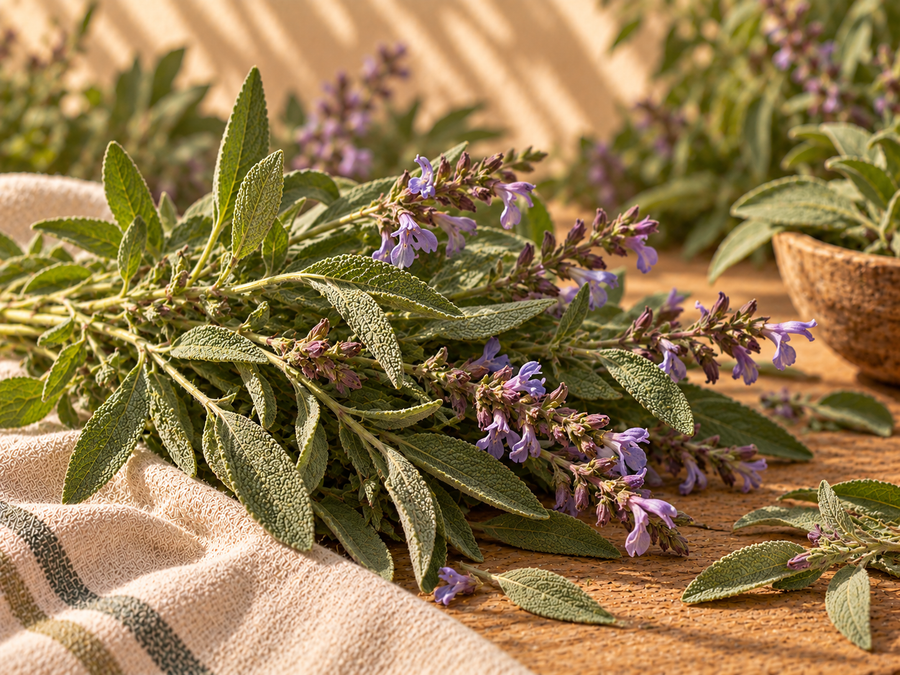 Ramas de salvia con hojas verdes y flores violetas en composición botánica. 