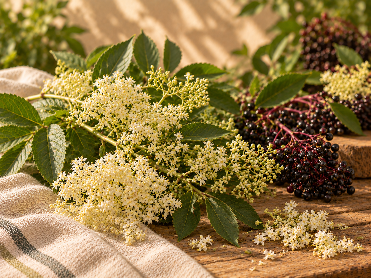 Flores blancas y frutos oscuros de saúco en composición botánica