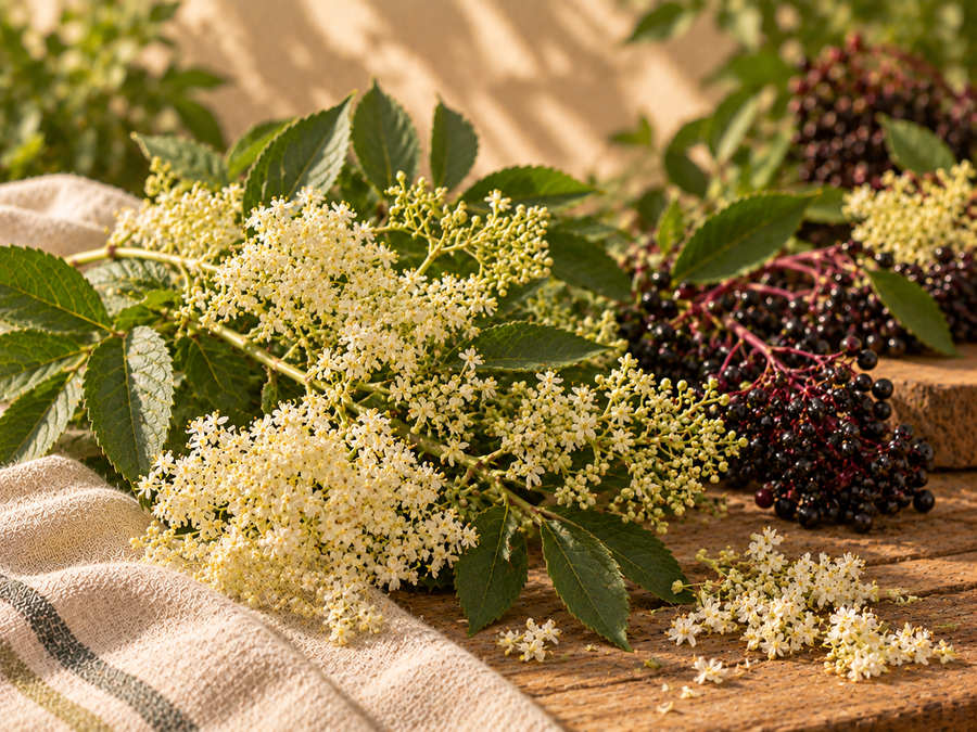 Flores blancas y frutos oscuros de saúco en composición botánica