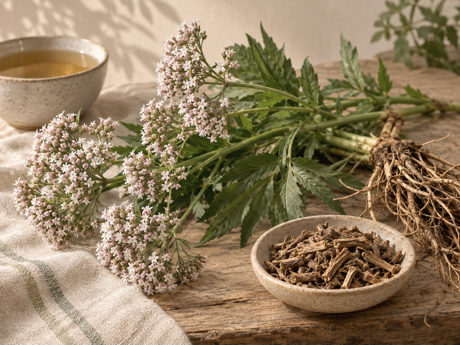 Raíz y hojas de valeriana en composición botánica junto a una infusión