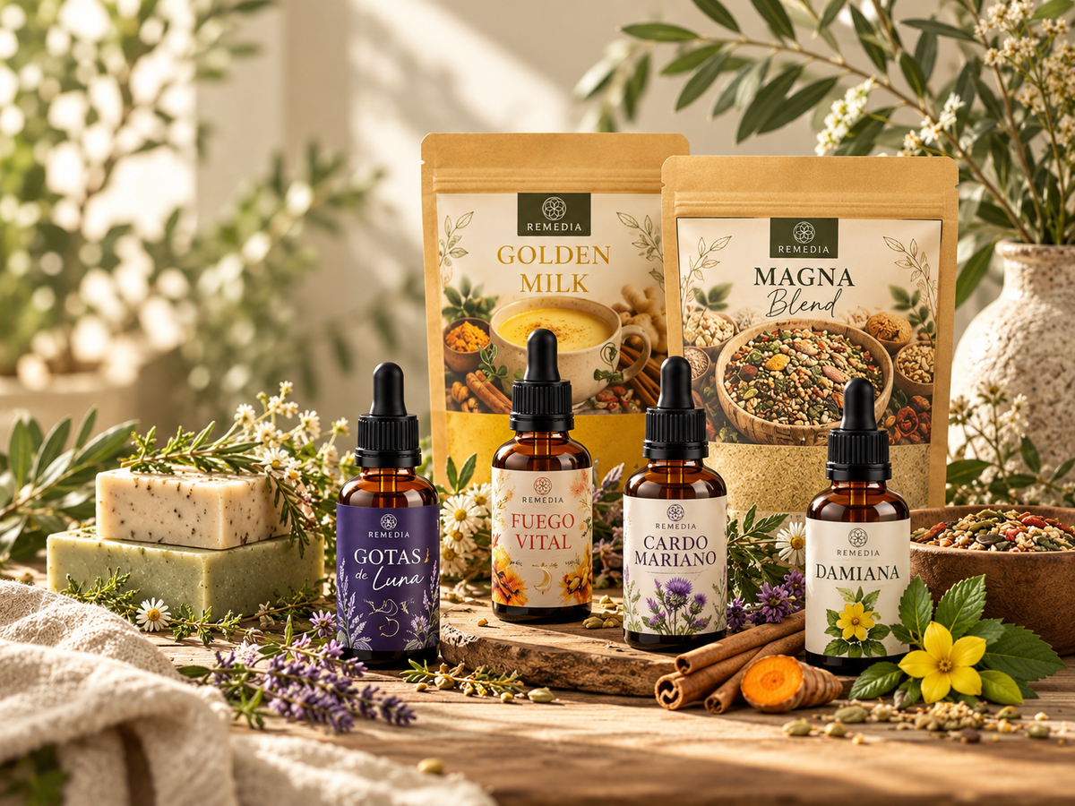 Productos REMEDIA para distribuidores con tinturas herbales, Golden Milk y Magna Blend en una composición botánica artesanal.