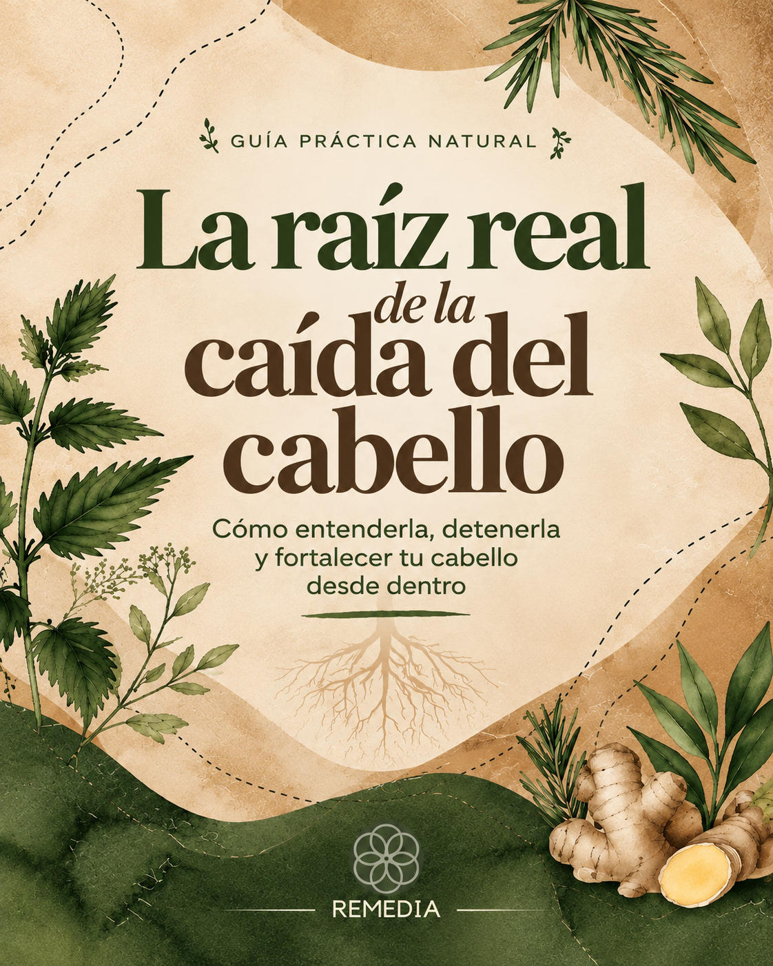 Portada de la guía La raíz real de la caída del cabello de REMEDIA, con ilustraciones botánicas de ortiga, romero, hojas y jengibre.