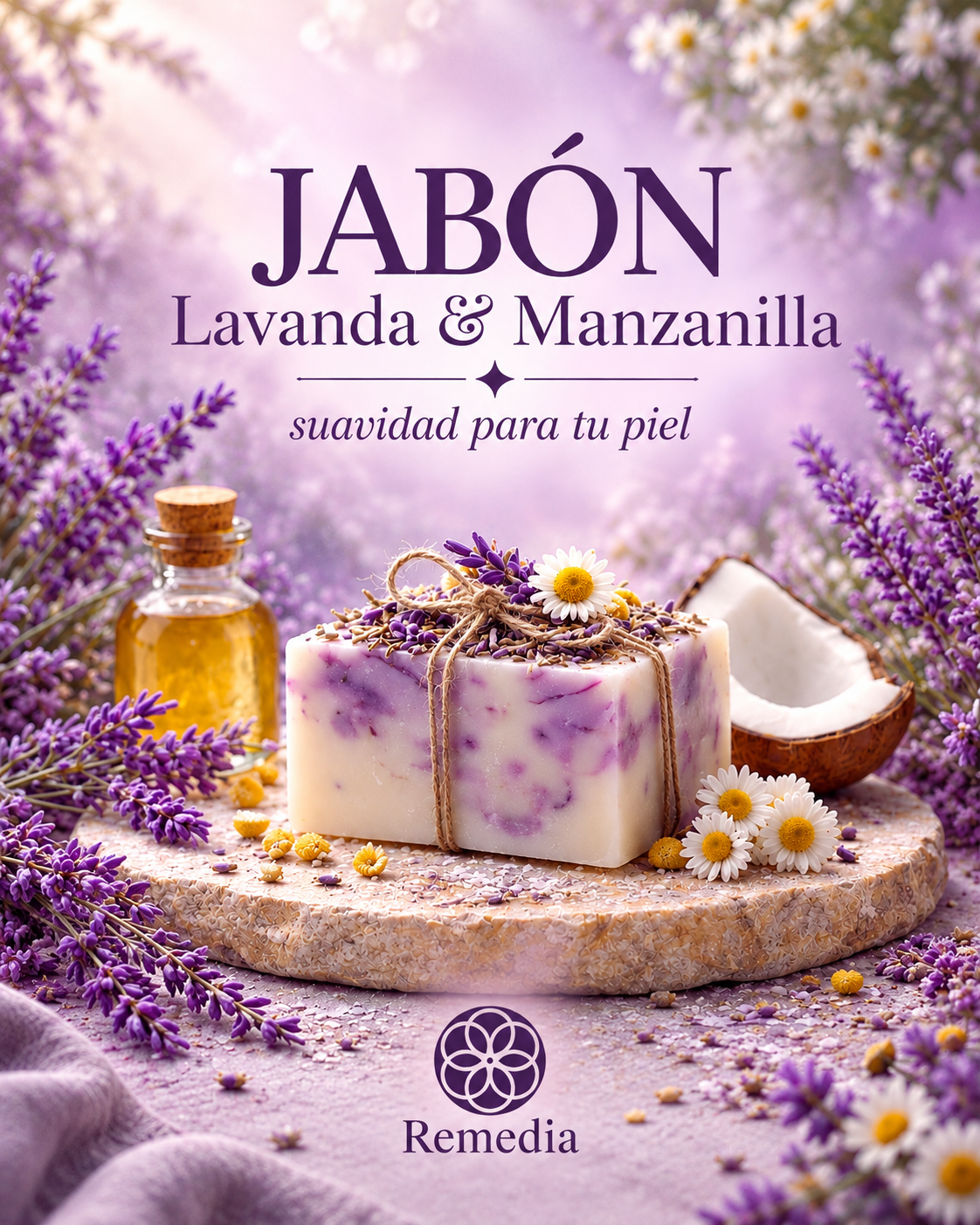 Portada de la receta de jabón natural de lavanda y manzanilla de REMEDIA, con barras de jabón artesanal rodeadas de flores de lavanda, manzanilla, aceite y coco.