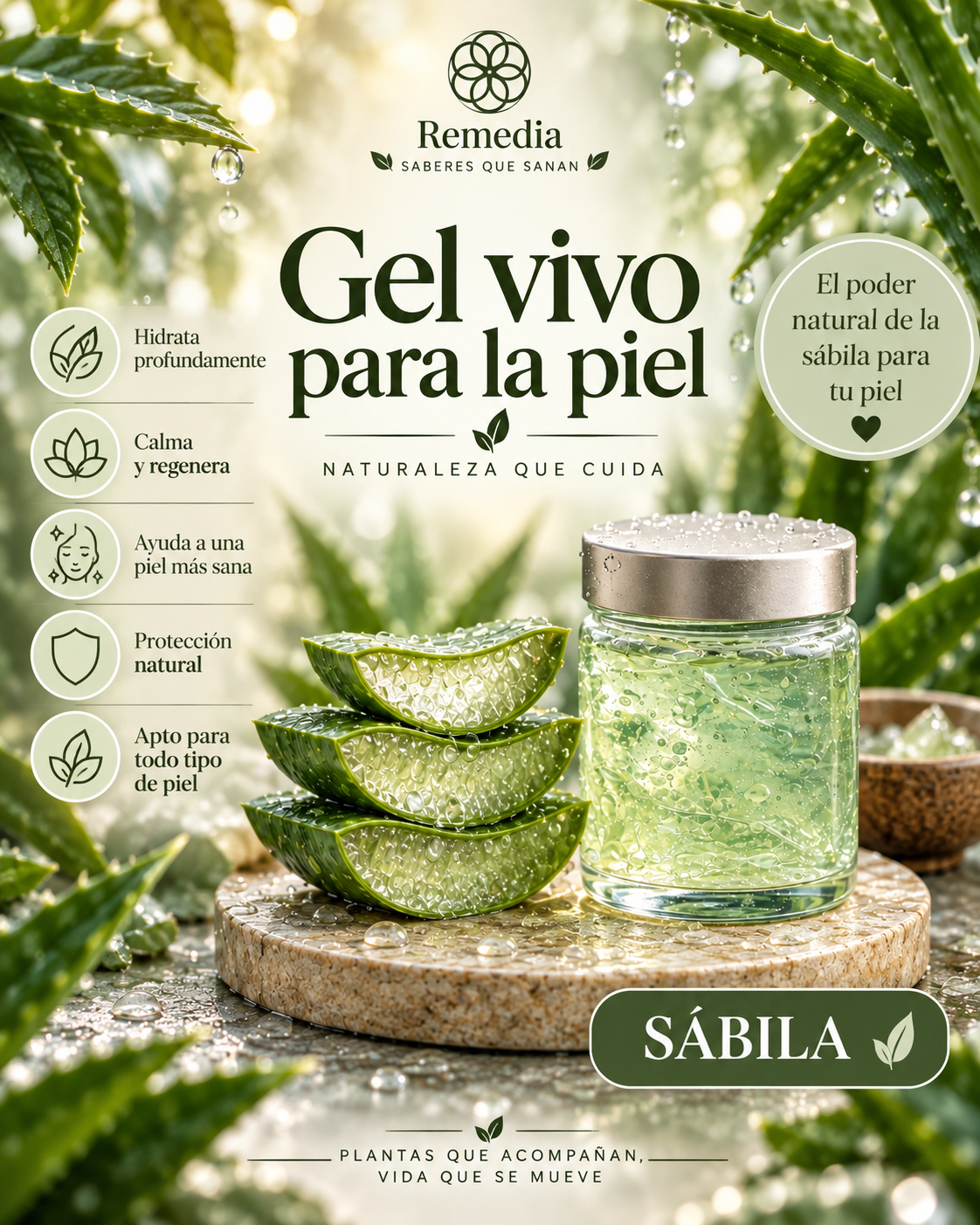 Portada de la guía Gel vivo de sábila para la piel de REMEDIA, con hojas y gel transparente de sábila junto a un frasco de vidrio.