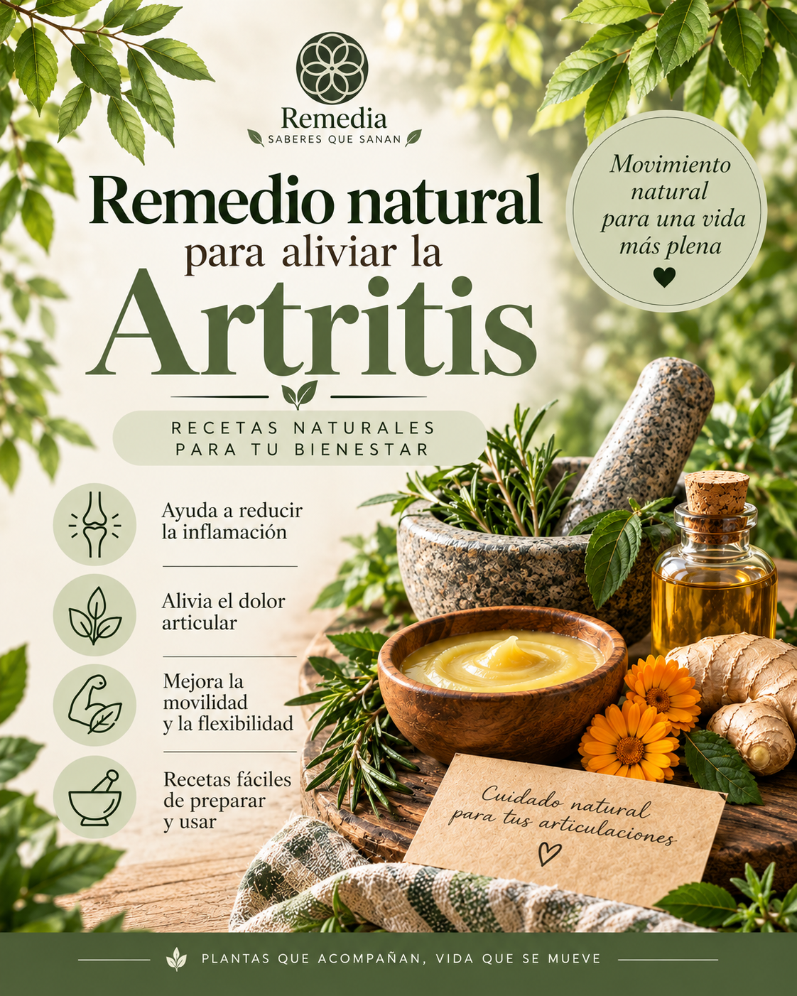 Portada de la guía Remedios naturales para la artritis de REMEDIA, con preparación herbal, romero, jengibre, caléndula y plantas medicinales para el cuidado de las articulaciones.