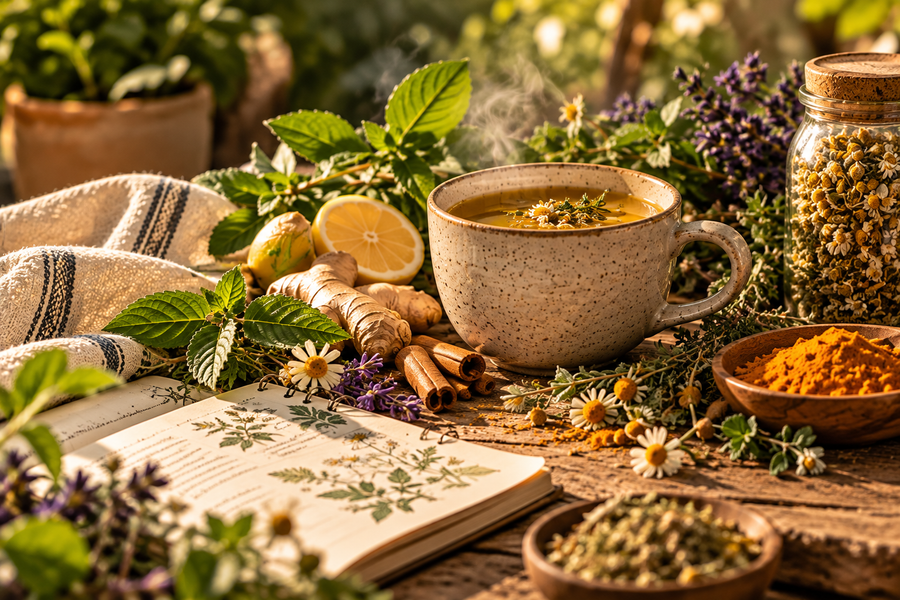 Infusión herbal rodeada de plantas medicinales, especias e ingredientes naturales sobre una mesa de madera.