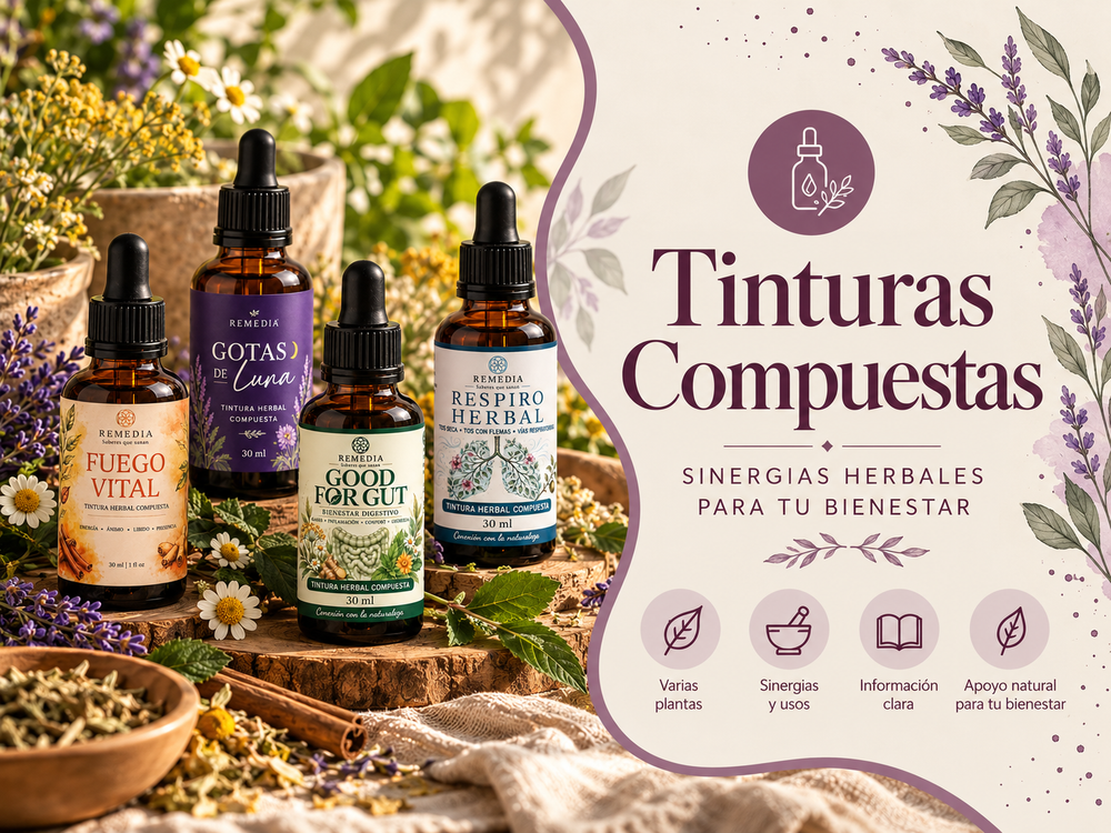 Colección de tinturas herbales compuestas REMEDIA con Gotas de Luna, Fuego Vital, Good for Gut y Respiro Herbal en una composición botánica editorial.
