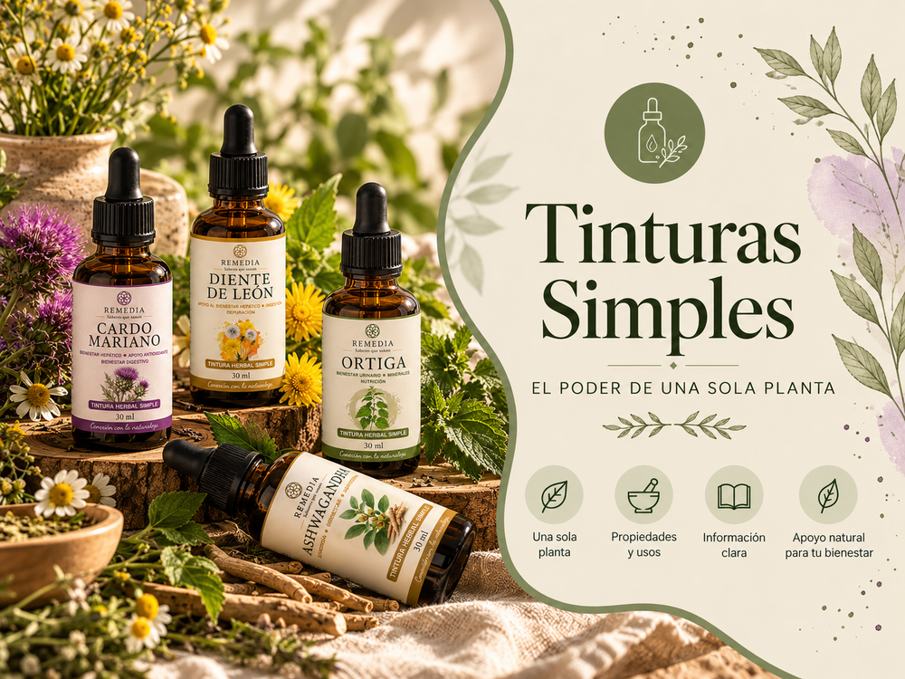 Sí. Te los dejo listos para pegar en Shopify:Tinturas simples: Colección de tinturas herbales simples REMEDIA con Cardo Mariano, Diente de León, Ortiga y Ashwagandha en una escena botánica natural.
